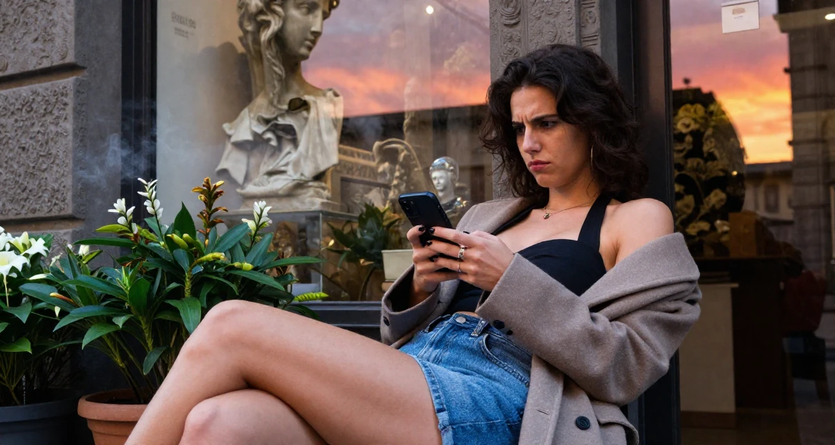 A suspicious Female From Florence Italy, majored in sculpture arts in their 25, wearing a tailored coat and looking sharp, wearing a backless halter top and denim shorts, checking a notification on a phone in a flower shop entrance.