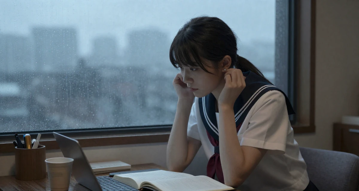 A fragile Female Former library assistant, now creating cozy reading-corner aesthetics in their 29, carrying invisible pressure to stay relevant, wearing a Japanese school sailor uniform (seifuku) with a pleated skirt, putting on earrings in a dining room.