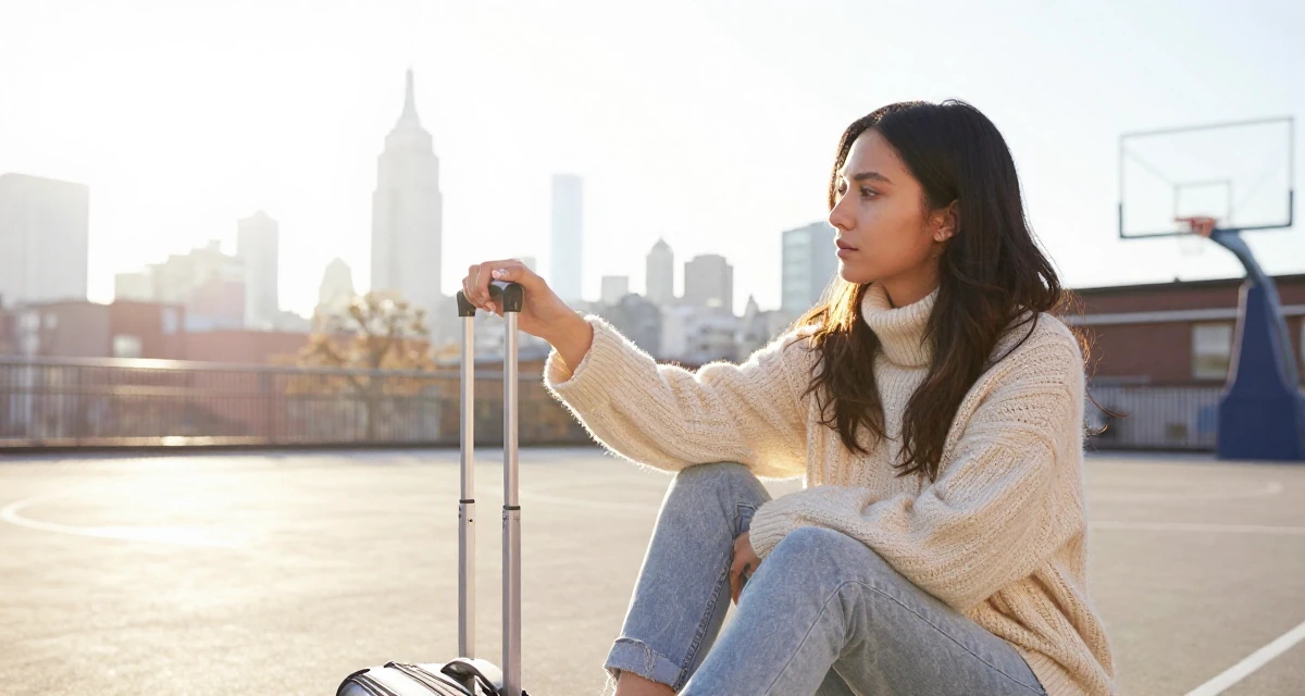 A nostalgic Female From Chile, majored in astronomy in their 23, shifting from spontaneous posting to planned batches, wearing a warm winter layered look, polling a luggage handle in a basketball court.