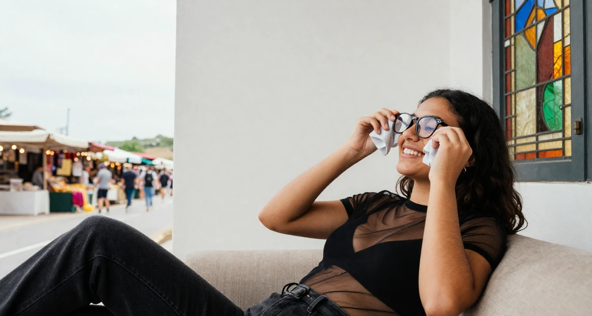 A delighted Female From Valencia Spain, learned lifestyle videography for warm climates in their 25, managing tight budgets as a student, wearing a sheer mesh top layered over a black bralette, cleaning glasses with a cloth in a country road.