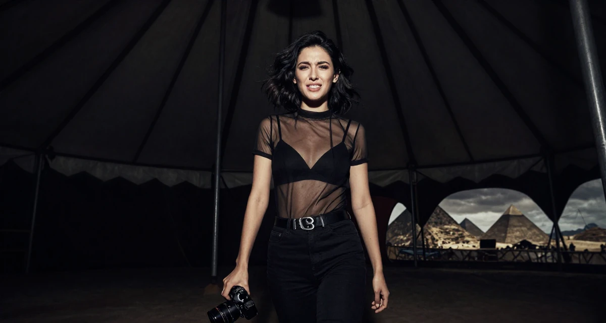 A amused Female From Macau, studied hospitality management in their 22, feeling the sting of zero new subs after hours of effort, wearing a sheer mesh top layered over a black bralette, holding a camera in a circus tent interior.