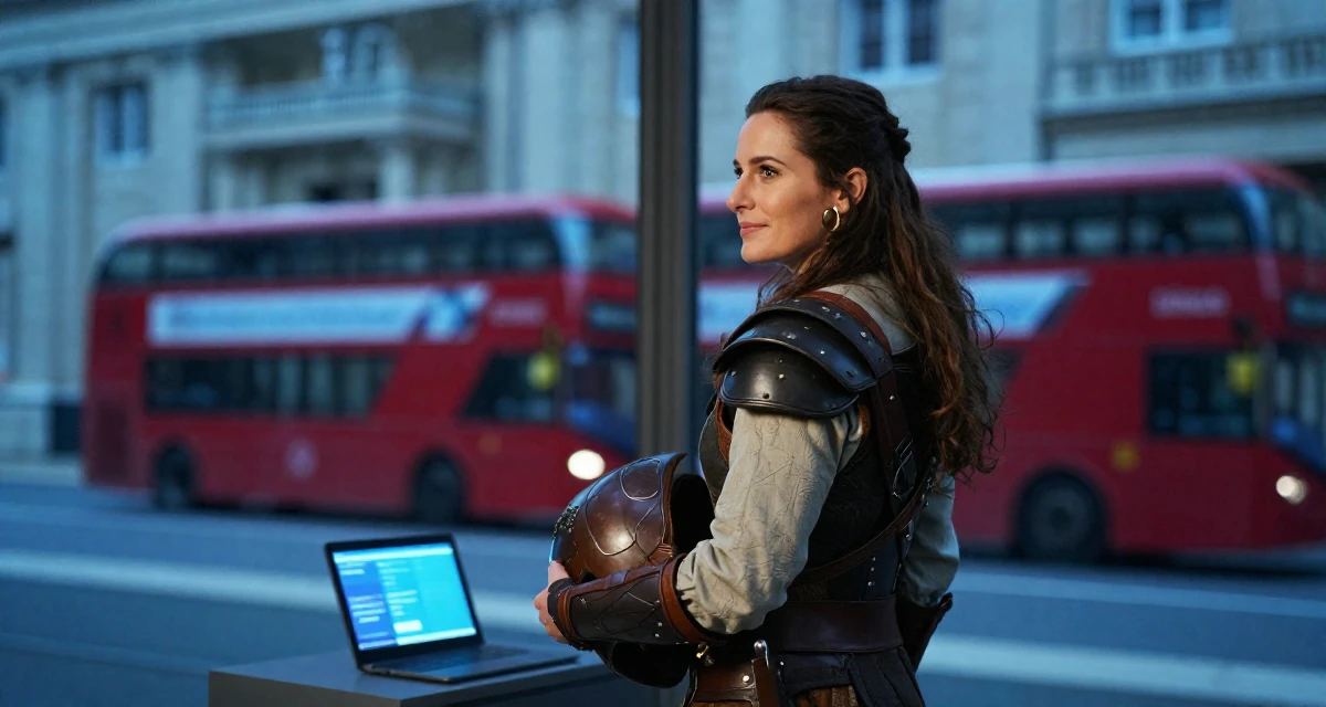 A serene and peaceful Female Former security guard, now a bold confidence-themed creator in their 46, transitioning from employee to founder, wearing a fantasy elven archer outfit with leather armor details, holding a helmet in a museum exhibit.