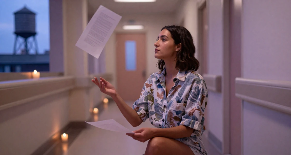 A zen-like Female From New York USA, learned editorial posing through fashion internships in their 25, juggling part-time jobs with studies, wearing a relaxed fit patterned shirt, holding a piece of paper in a hospital corridor.