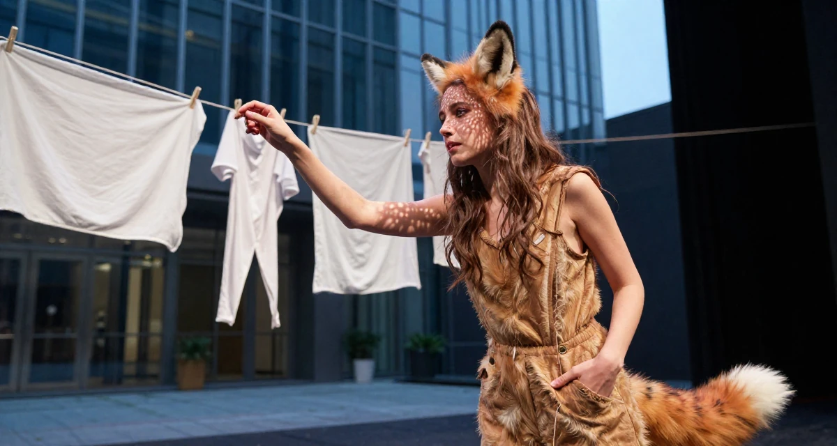 A fragile Female From France, has a degree in art history and curating in their 22, adjusting to the exhaustion of a 9-to-5 routine, wearing a fox spirit (kitsune) outfit with fluffy ears and tails, sliding a hand into a pocket in a theater stage.