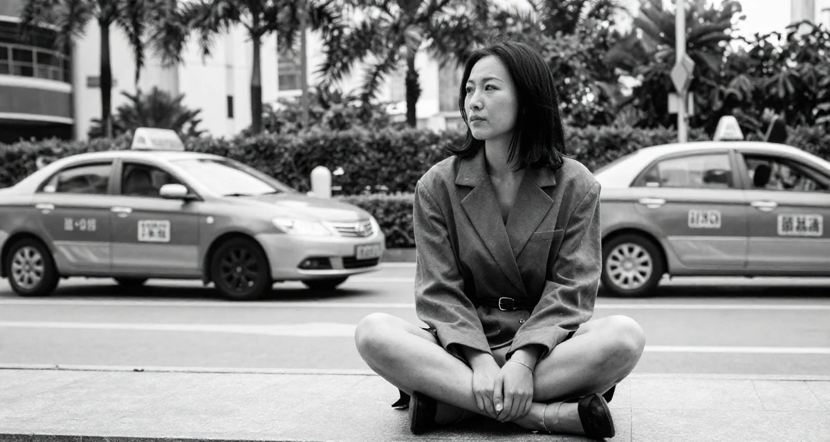 A refreshed Female From Guangzhou China, studied international business in their 57, balancing health issues and work, wearing a oversized blazer worn as a dress with a belt, waiting for a taxi in a bustling city street.