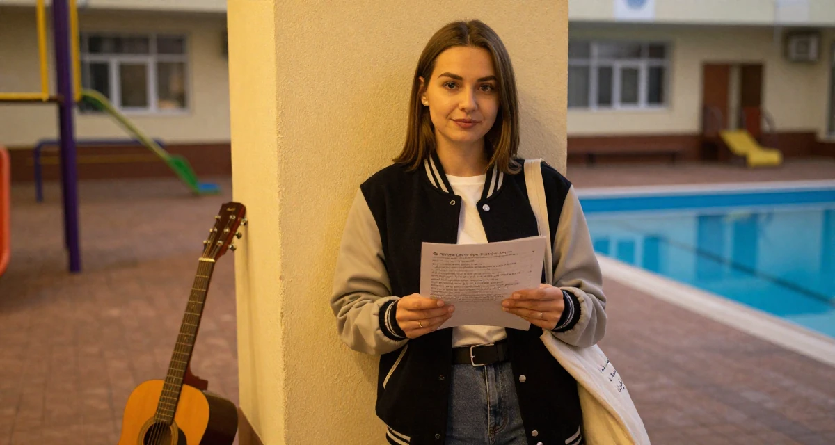 A confident Female From Ukraine, studied software engineering in their 35, sharing the journey of learning a new language, wearing a casual varsity jacket look, carrying a tote bag in a school playground.