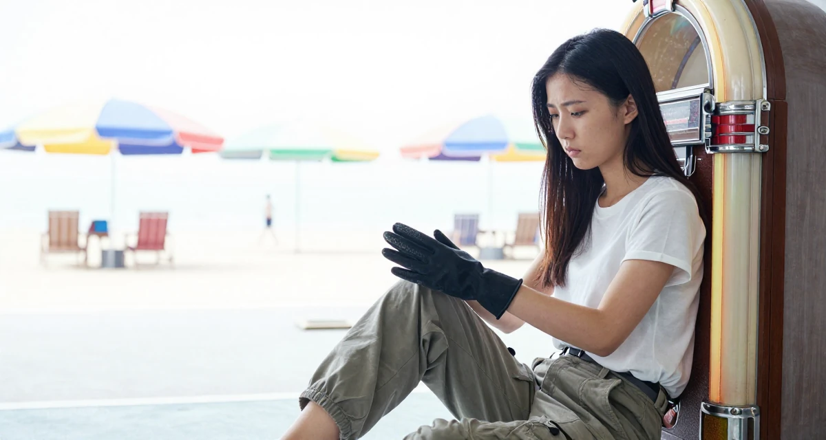 A unimpressed Female From Guangzhou China, studied international business in their 23, learning to rebuild after severe drops in engagement, wearing a simple t-shirt and cargo pants, removing a glove in a underground parking garage.