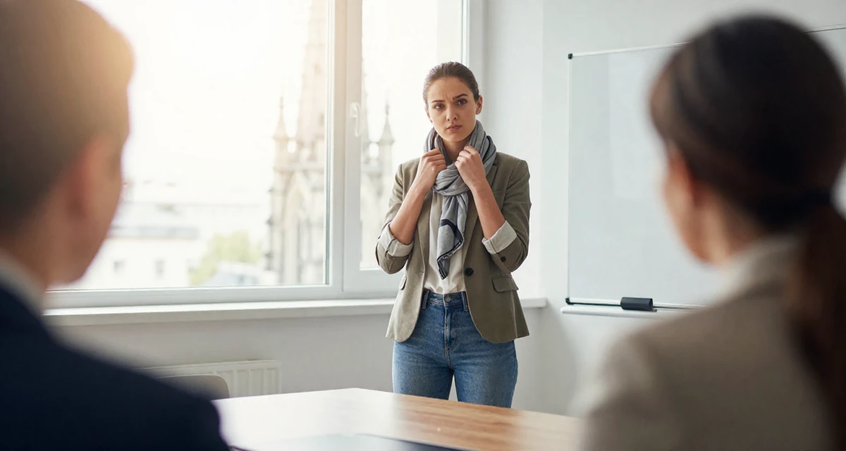 A sarcastic Female Former figure-skating student, now producing graceful aesthetic content in their 25, becoming more selective with fan interactions, wearing a business casual outfit with jeans and a blazer, wrapping a scarf around the neck in a conference room.