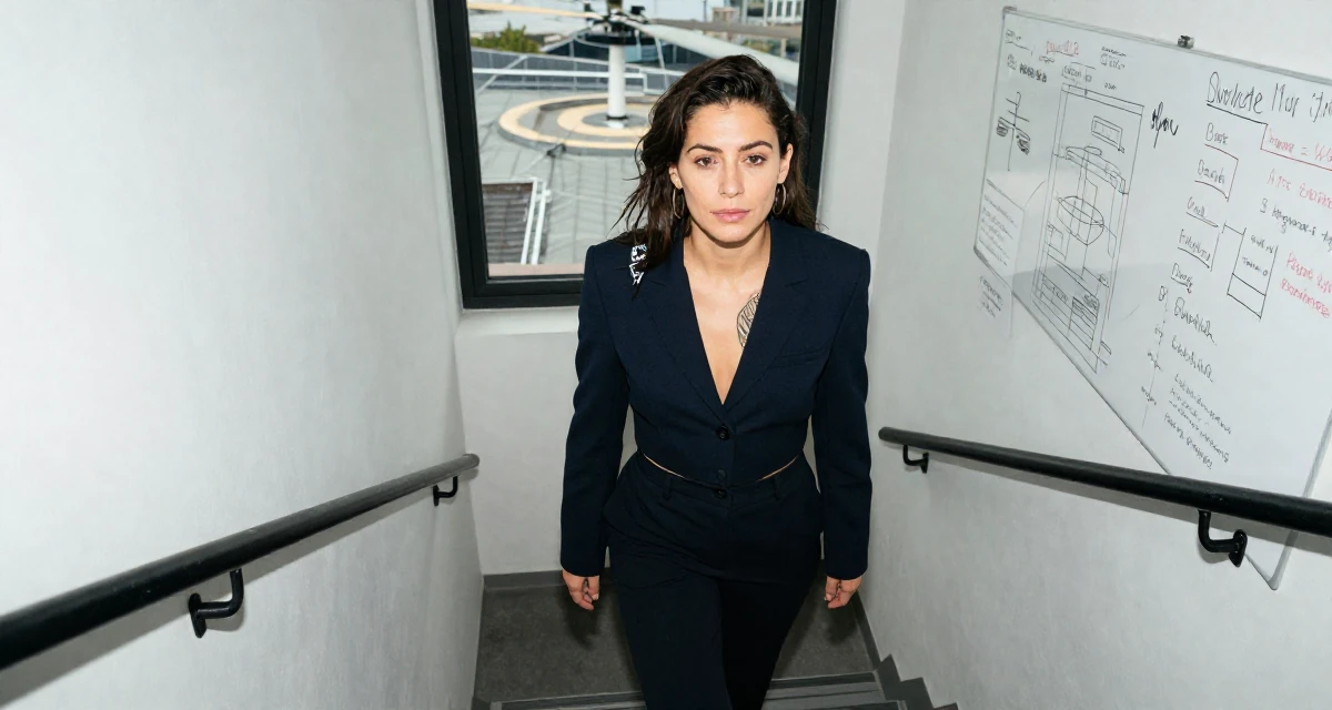 A calm and confident Female Once a tattoo apprentice, now a creator blending ink culture and lifestyle in their 30, feeling pride and fatigue in equal measure, wearing a cropped business jacket and high-waisted pants, pausing mid-step in a winding staircase.