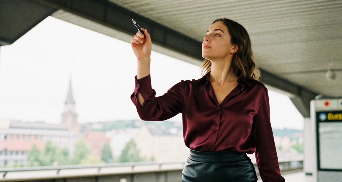 A tranquil Female From Oslo Norway, learned sensual choreography through contemporary dance in their 25, deciding to start a business or bold project, wearing a burgundy silk blouse and black leather skirt, holding a pen in a subway station.
