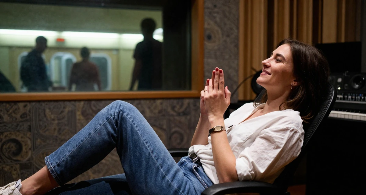 A triumphant Female From Russia, studied digital media at a vocational school in their 32, recovering from burnout and prioritizing rest, wearing a effortless white blouse and jeans, clasping hands together in a music recording studio.