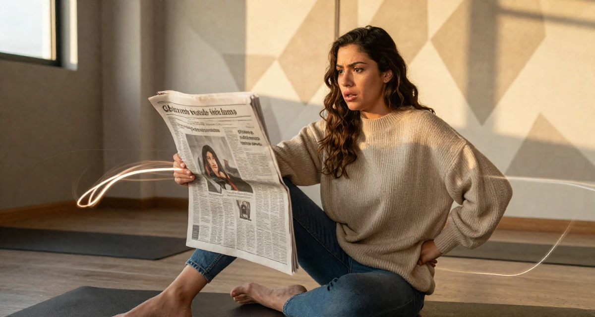 A stunned Female From Mexico, based in Guadalajara, graduated from a cultural academy majoring in expressive body movement in their 25, exploring monetization without compromising comfort, wearing a oversized beige sweater and jeans, holding a newspaper in a yoga studio.
