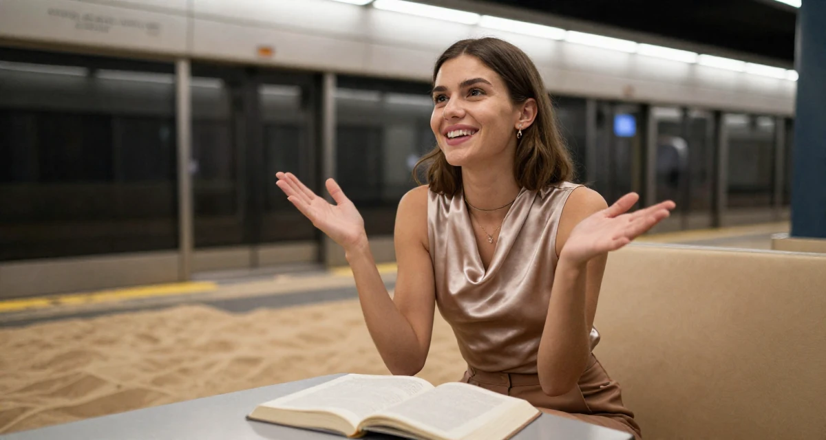 A victorious Female From Russia, studied computer science at a technical university in their 22, managing emotional whiplash from fluctuating subscriber counts, wearing a satin cowl neck top and tailored shorts, gesturing while talking in a subway platform.