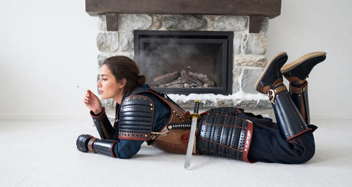 A reassured Female From Auckland New Zealand, studied animation in their 21, planning a gap year to escape reality, wearing a samurai armor set with a katana at the waist, holding a cigarette (lit or unlit) in a ski lodge fireplace.