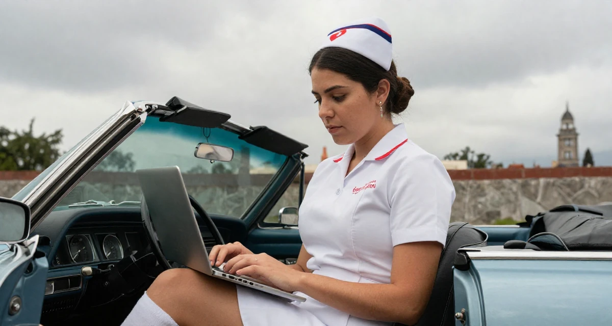 A dignified Female From Mexico, based in Monterrey, graduated from a private university majoring in communication studies in their 24, taking creative work more seriously, wearing a nurse cosplay uniform with a stylized cap, typing a message in a vintage convertible car.