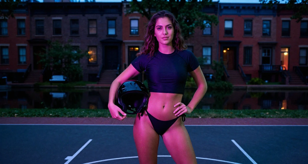A gentle and kind Female From Houston USA, majored in psychology in their 23, learning to express sensuality without crossing personal limits, wearing a cropped rash guard and bikini bottom, holding a helmet under one arm in a basketball court.