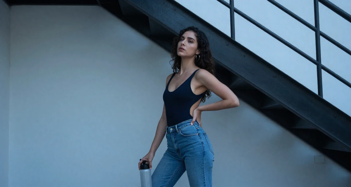 A introspective Female From Mexico City Mexico, learned expressive movement through Latin dance in their 20, stressing over finals and future uncertainty, wearing a open-back bodysuit with vintage denim jeans, holding a water bottle in a waiting room.