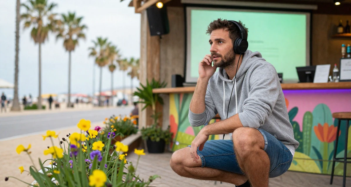 A content male From Spain, based in Barcelona, graduated from a fashion institute majoring in body styling in their 32, sharing budget-friendly interior design tips, wearing a casual hoodie and denim shorts, listening to music with headphones in a beach bar.