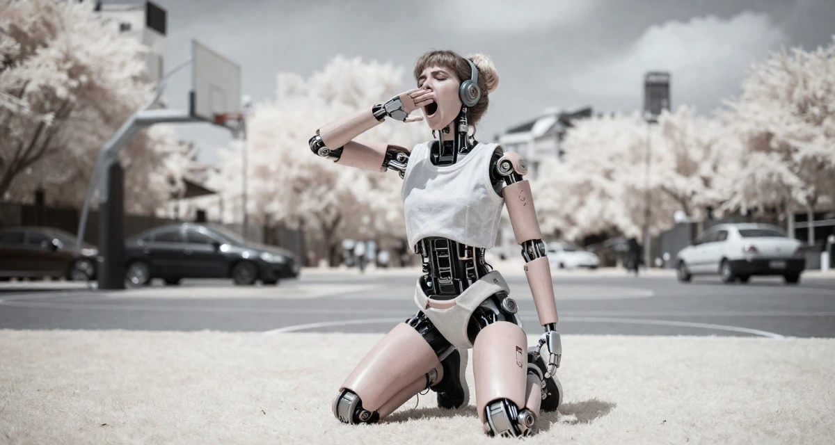 A playful and energetic Female From Mexico, majored in law in their 20, chasing creative dreams despite parental skepticism, wearing a cybernetic doll outfit with porcelain-like skin textures, stifling a yawn in a basketball court.