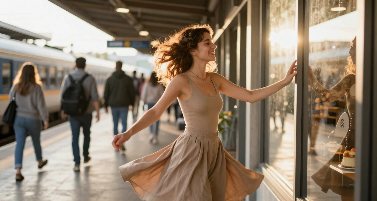 A bright and optimistic Female Once a pastry chef, now blending cooking with playful creator energy in their 21, seeking internships and professional validation, wearing a fitted bodysuit and wide-leg dress pants, checking a reflection in a window in a walk-in closet.