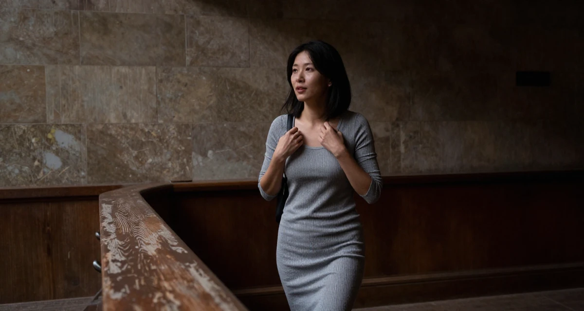 A compassionate Female From Chinese-speaking regions, majored in marketing analytics in their 30, prioritizing quality over quantity in friendships, wearing a ribbed lounge set that hugs the curves, adjusting a shoulder strap in a opera house balcony.