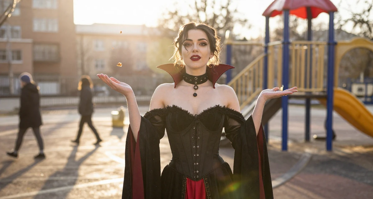 A bold and charismatic Female Once a gym receptionist, now building her own fan-driven fitness brand in their 23, using confidence as the core of seductive branding, wearing a vampire queen gown with a high collar and corset, catching a falling flower petal in a school playground.