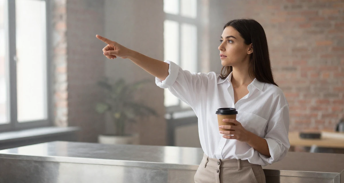 A sentimental Female Former university dropout at 22, now thriving as a digital expression artist in their 24, taking care of their physical health consistently, wearing a oversized white shirt with sleeves rolled up and slim trousers, holding a cup of coffee in a loft apartment with brick walls.