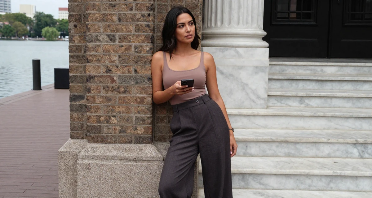 A patient Female From the Philippines, majored in mass media in their 23, looking sophisticated but feeling lost inside, wearing a fitted bodysuit and wide-leg dress pants, scrolling casually in a lakeside dock.
