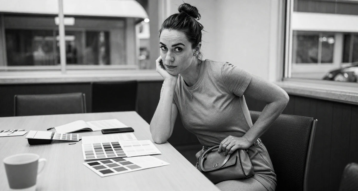 A witty Female From Wellington New Zealand, majored in sociology in their 25, experimenting with color palettes that feel sensual, wearing a cotton jersey romper that fits tightly, holding a purse tightly in a conference room.