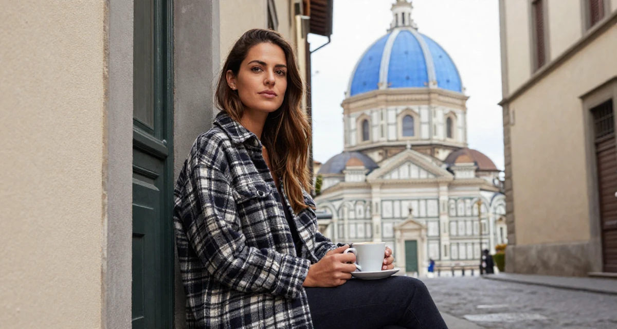 A assertive Female From Florence Italy, majored in sculpture arts in their 30, first-time entrepreneur building a startup, wearing a cozy oversized flannel, leaning against a door in a quiet alleyway.