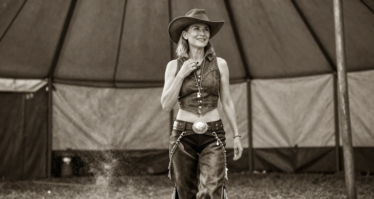 A radiant Female From Chinese-speaking regions, studied mechanical design in their 34, focusing on skincare and graceful aging, wearing a wild west cowgirl outfit with chaps and a hat, touching a necklace in a circus tent interior.