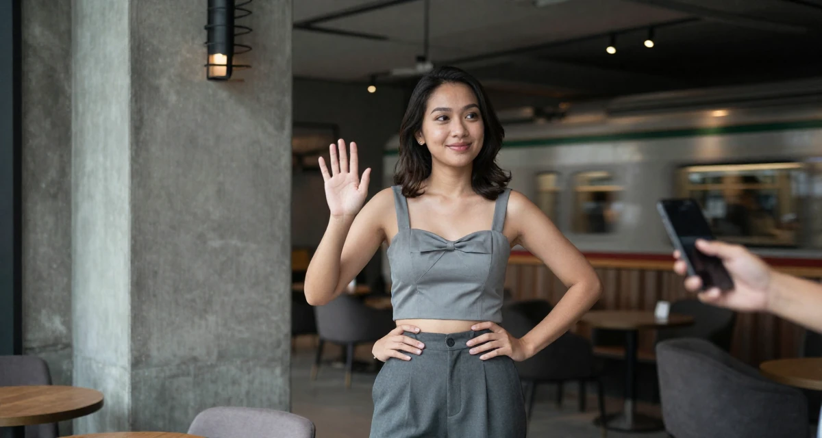 A smiling gently Female From Malaysia, based in Malacca, graduated from a creative college majoring in sensual composition design in their 38, sharing tips for effective remote work, wearing a cropped bustier top and high-waisted slacks, waving to someone in a hotel lobby.