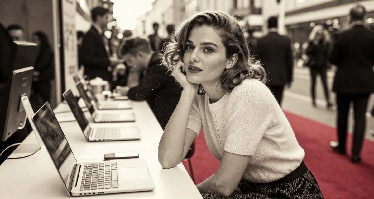 A dreamy Female Once a freelance translator, now exploring multilingual creator content in their 30, carrying the weight of years of hustling online, wearing a short sleeve cashmere sweater and a skirt, kicking up dust playfully in a red carpet event.