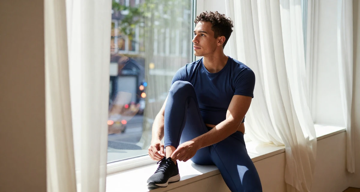 A observant male From Amsterdam Netherlands, explored art-nude expression in creative collectives in their 22, trying to build a capsule wardrobe on a budget, wearing a gym shark style seamless leggings and matching crop top, tying a shoelace in a art gallery hall.