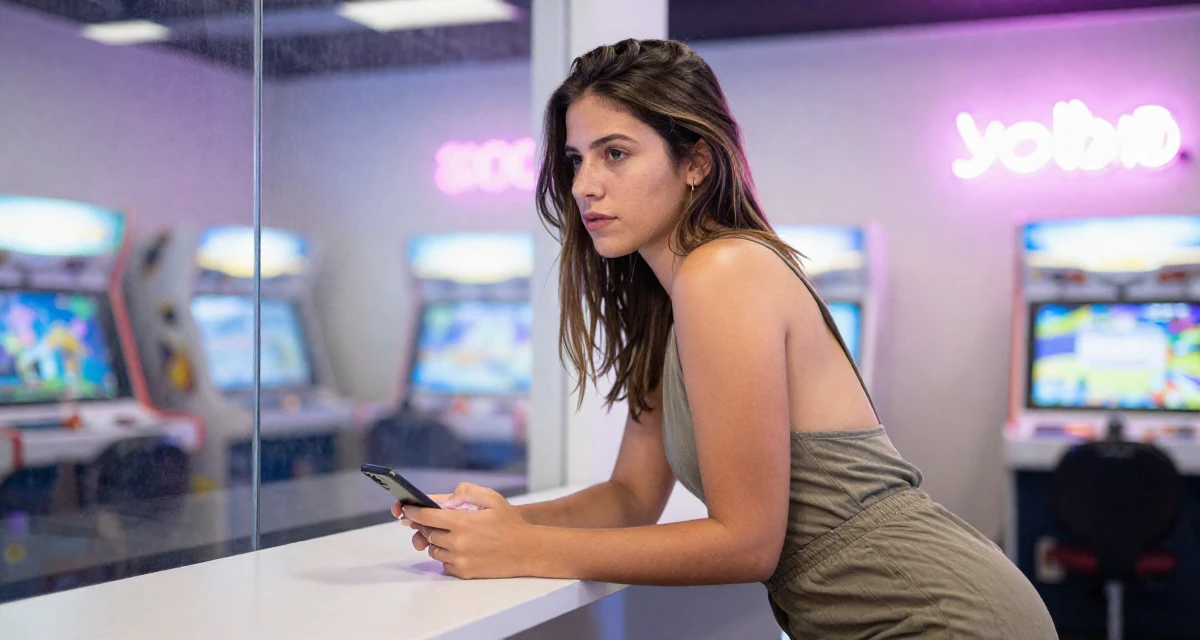A aloof Female From Colombia, has a background in performing arts in their 25, preparing for larger adult responsibilities, wearing a fitted jumpsuit with an open back design, unlocking a phone screen in a arcade room with neon lights.