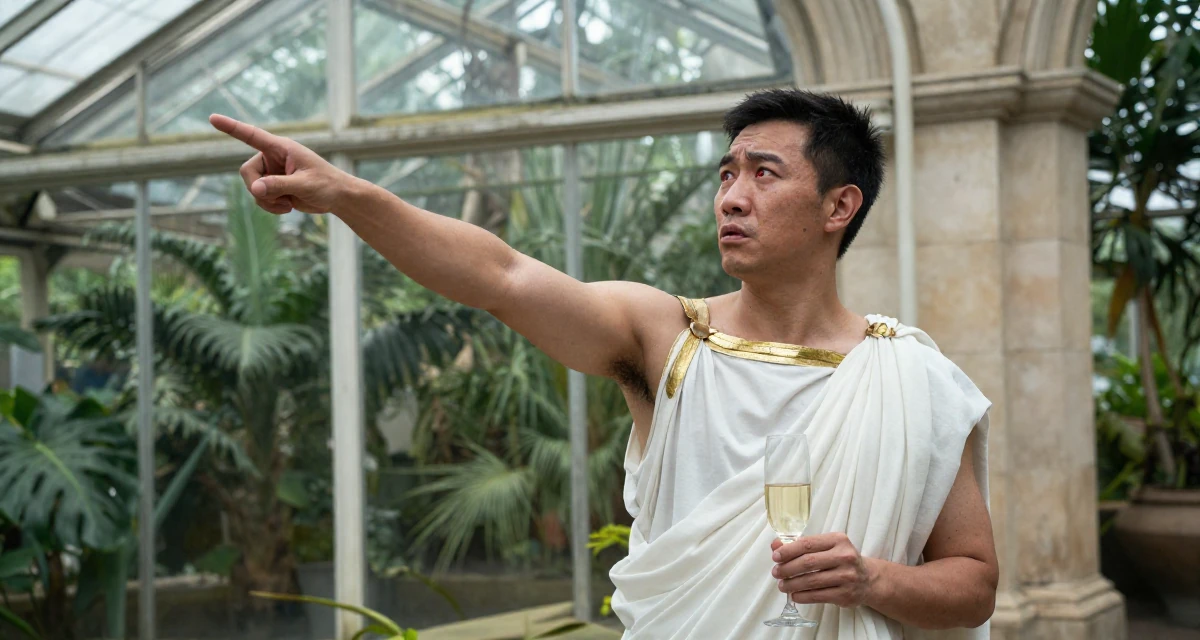 A tired male Born Chinese-speaking regions, studied strategic communication in their 38, handling long working hours with discipline, wearing a greek goddess toga with gold leaf accessories, holding a champagne glass in a botanical greenhouse.