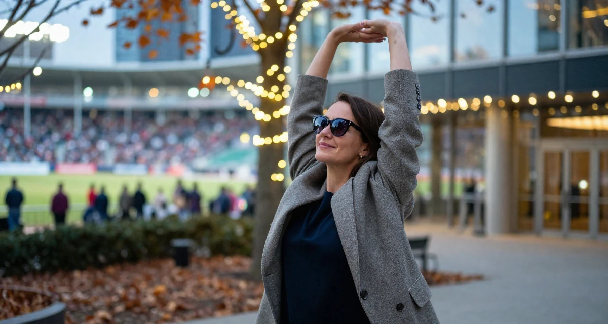 A peaceful Female Former small-town teacher, now exploring expressive photography in their 42, sharing the reality of executive burnout, wearing a oversized blazer draped over the shoulders, lowering sunglasses to look out in a modern skyscraper lobby.
