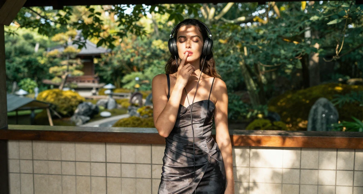 A hypnotic Female From Milan Italy, trained in fashion-editorial posing in their 23, shifting from impulsiveness to intentional planning, wearing a sophisticated midi dress, listening to music with headphones in a camping site.