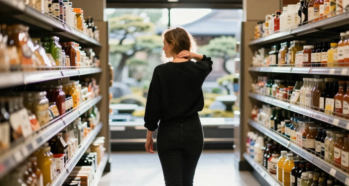 A cold and distant Female From Denmark, based in Aarhus, graduated from a media institute majoring in branding in their 23, embracing flirtatious storytelling in creative sets, wearing a urban minimalist silhouette, massaging the neck in a supermarket aisle.