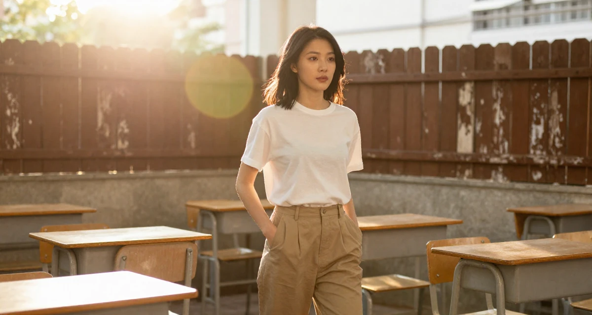 A focused Female From Hong Kong, studied digital media arts in their 25, planning next steps in personal development, wearing a minimalist everyday clothing, putting hands in pockets in a classroom setting.