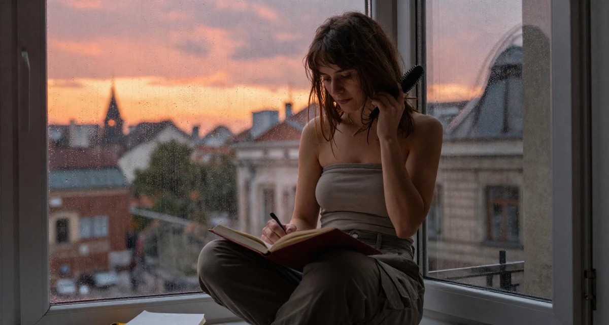 A fearless Female From Kraków Poland, majored in European studies in their 48, documenting the process of writing a memoir, wearing a strapless tube top and cargo pants, brushing hair away from the face in a rainy window seat.