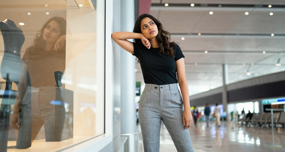 A enigmatic Female From Bangalore India, holds a degree in software engineering in their 34, advocating for eco-friendly parenting, wearing a grey plaid trousers and a fitted black tee, leaning head on a hand in a airport terminal.