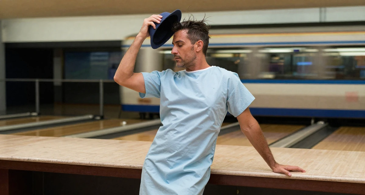 A romantic male From Sydney Australia, trained in pole fitness and expressive dance in their 22, embracing a more mature, sultry brand identity, wearing a hospital patient gown tailored to be form-fitting, holding a hat against the wind in a bowling alley.