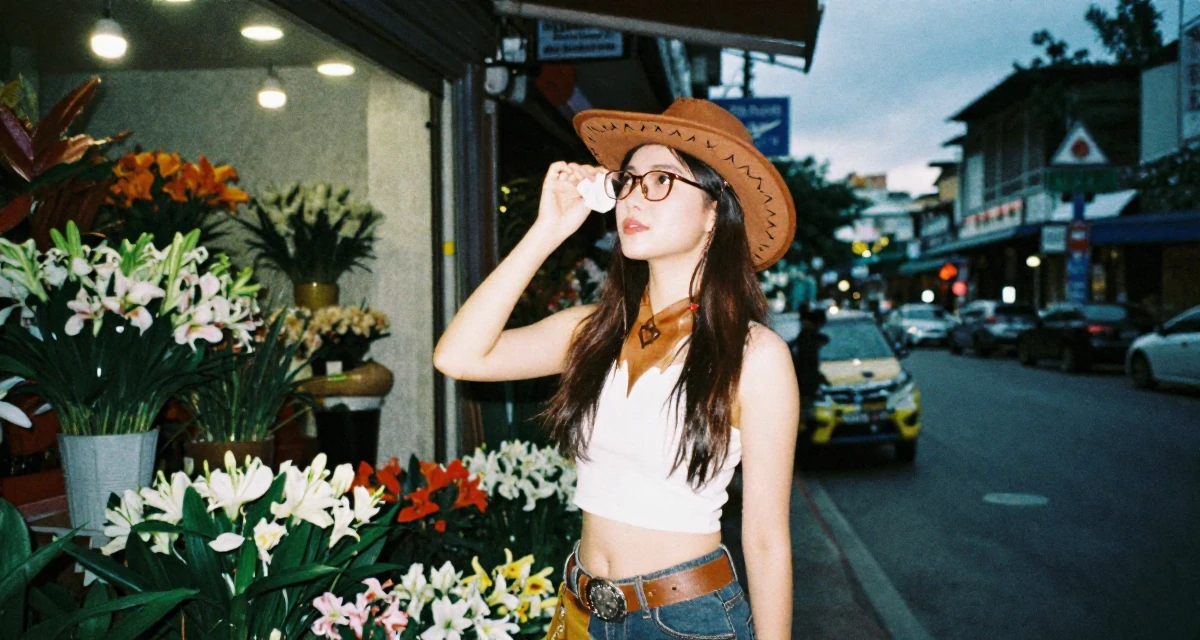 A calm and confident Female From Vietnam, based in Nha Trang, graduated from a media school majoring in soft-romantic content direction in their 23, realizing that friendships require hard work, wearing a wild west cowgirl outfit with chaps and a hat, cleaning glasses with a cloth in a flower shop entrance.