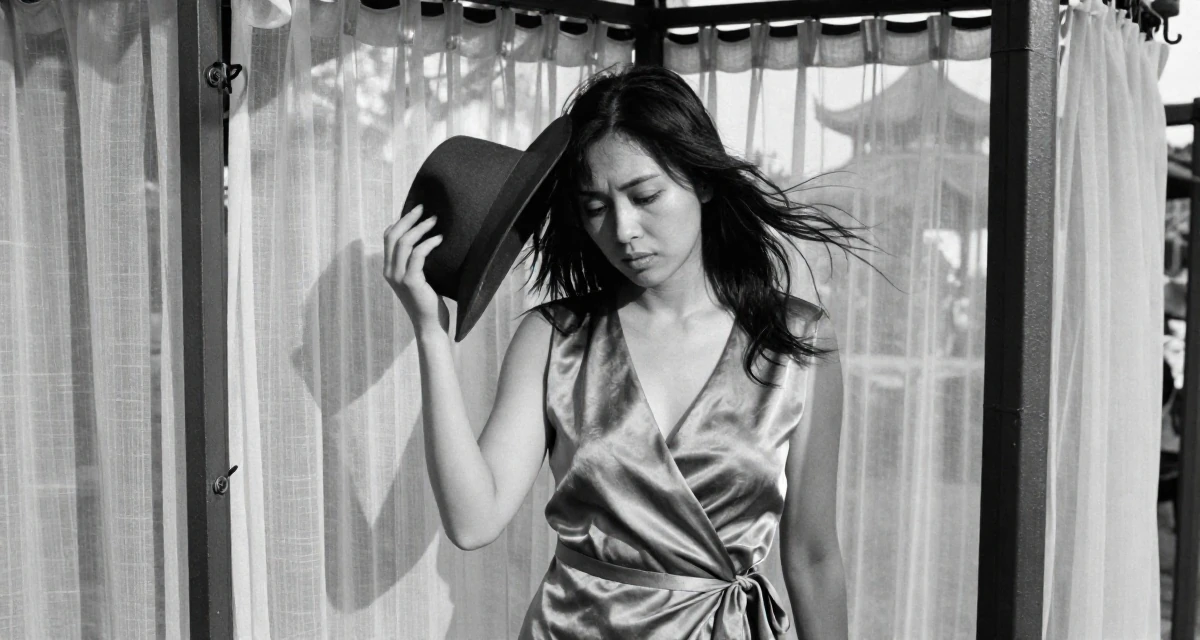 A vulnerable Female From Hong Kong, based in Kowloon, graduated from a community college majoring in film studies in their 23, tired of the hookup culture and dating apps, wearing a satin wrap dress tied loosely at the waist, holding a hat against the wind in a dungeon cell.