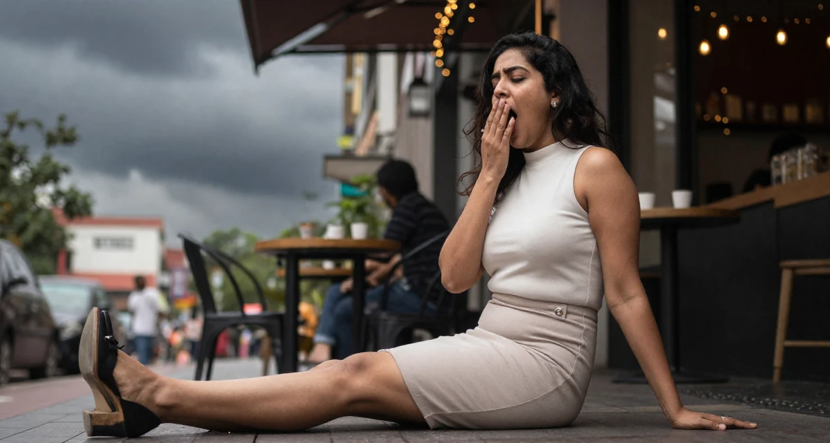 A flirty Female From India, majored in fashion technology in their 24, cutting off toxic relationships without guilt, wearing a mock neck sleeveless top and a pencil skirt, stifling a yawn in a coffee shop corner.