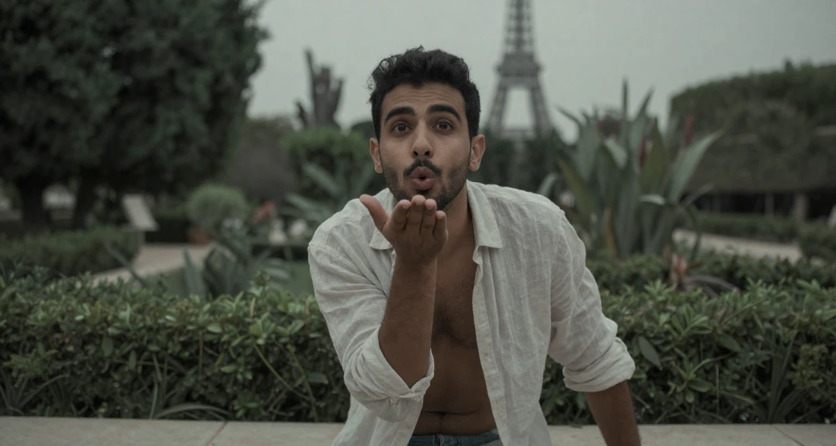 A curious and focused male From Egypt, majored in archaeology in their 25, experimenting with niche themes to stand out, wearing a translucent linen shirt worn over a swimsuit, blowing a kiss in a botanical garden.