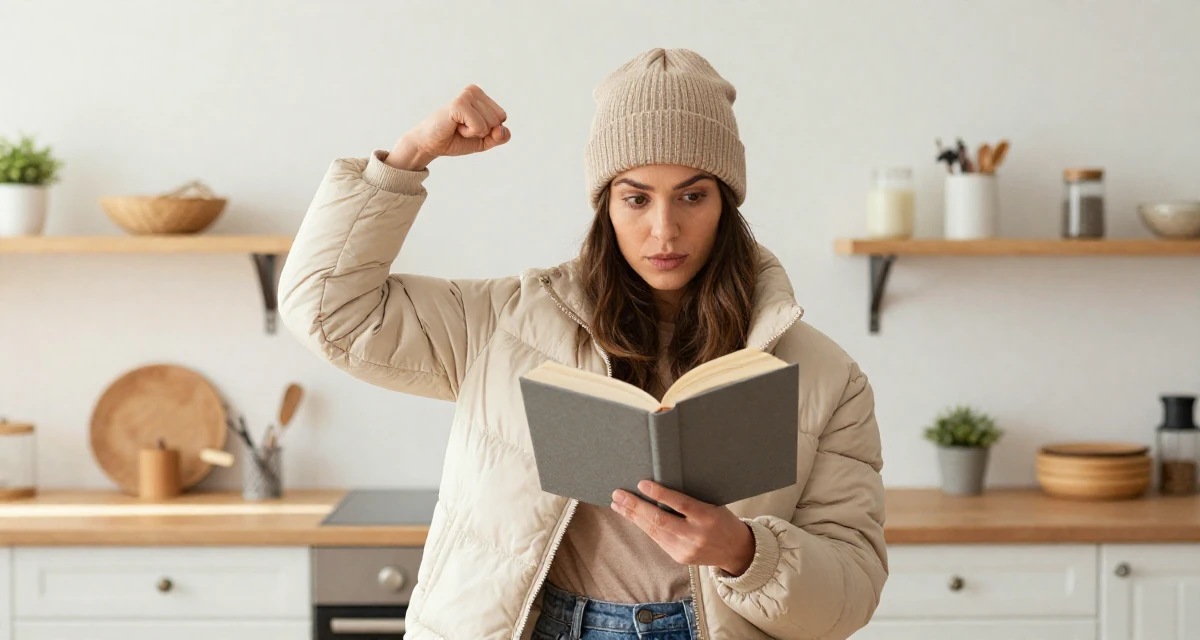 A curious and focused Female Previously a hairstylist, now showcasing transformation-driven content in their 34, seeking spiritual or philosophical growth, wearing a warm puffer jacket and beanie, reading a book intently in a rustic kitchen.