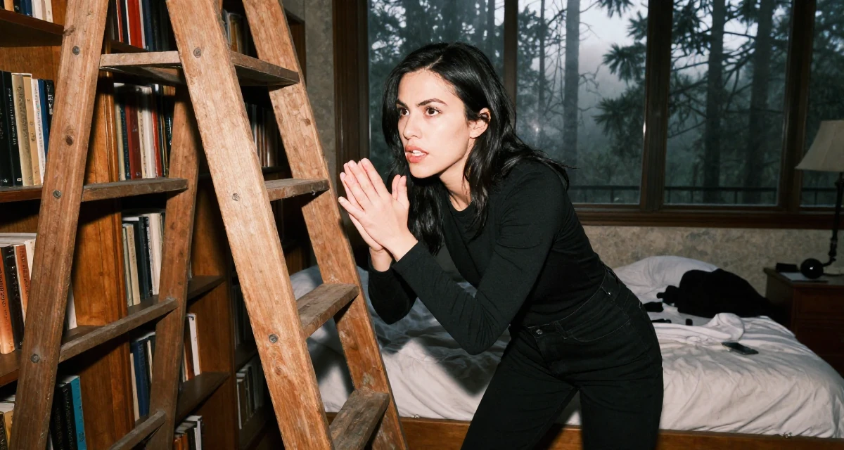 A determined Female Once a junior photographer, now the subject of her own shoots in their 26, working through back-to-back burnout cycles, wearing a monochromatic black outfit, clasping hands together in a old library with wooden ladders.