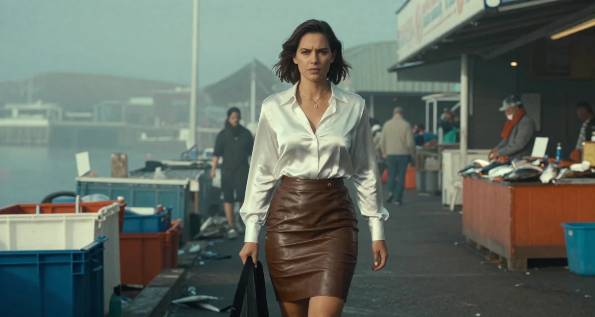 A determined Female From Auckland New Zealand, studied animation in their 24, analyzing long-term compatibility in dating, wearing a white silk shirt tucked into a leather pencil skirt, pulling up a sock in a foggy harbor.
